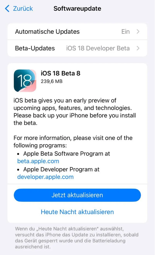 应城苹果手机维修分享苹果 iOS / iPadOS 18 开发者预览版 Beta 8 发布 